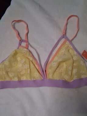 Colsie Yellow Floral Triangle Bralette with Pink Straps and Lavender Band
